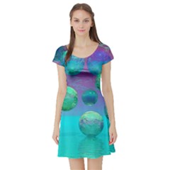 Ocean Dreams, Abstract Aqua Violet Ocean Fantasy Short Sleeve Skater Dress by DianeClancy