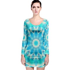 Blue Ice Goddess, Abstract Crystals Of Love Long Sleeve Bodycon Dress