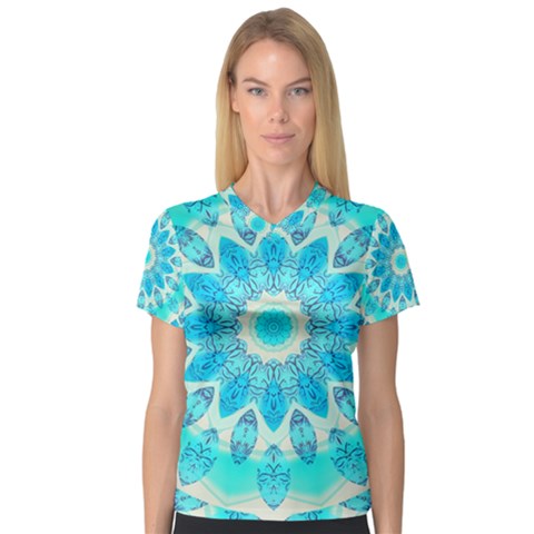 Blue Ice Goddess, Abstract Crystals Of Love Women s V-neck Sport Mesh Tee by DianeClancy