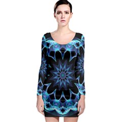 Crystal Star, Abstract Glowing Blue Mandala Long Sleeve Bodycon Dress by DianeClancy