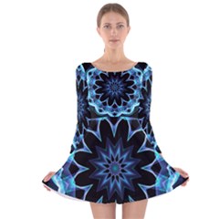 Crystal Star, Abstract Glowing Blue Mandala Long Sleeve Velvet Skater Dress by DianeClancy
