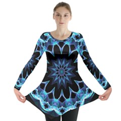 Crystal Star, Abstract Glowing Blue Mandala Long Sleeve Tunic  by DianeClancy