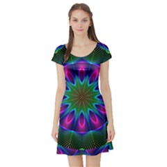 Star Of Leaves, Abstract Magenta Green Forest Short Sleeve Skater Dress by DianeClancy