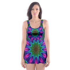 Star Of Leaves, Abstract Magenta Green Forest Skater Dress Swimsuit by DianeClancy