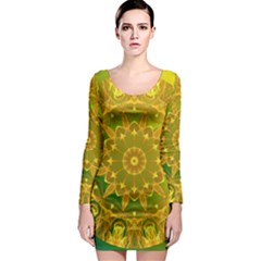 Yellow Green Abstract Wheel Of Fire Long Sleeve Bodycon Dress
