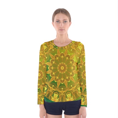 Yellow Green Abstract Wheel Of Fire Women s Long Sleeve Tee by DianeClancy