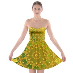 Yellow Green Abstract Wheel Of Fire Strapless Dresses