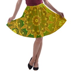 Yellow Green Abstract Wheel Of Fire A-line Skater Skirt