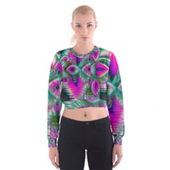 Crystal Flower Garden, Abstract Teal Violet Women s Cropped Sweatshirt by DianeClancy