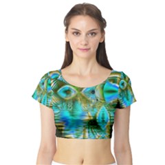 Crystal Gold Peacock, Abstract Mystical Lake Short Sleeve Crop Top (tight Fit) by DianeClancy