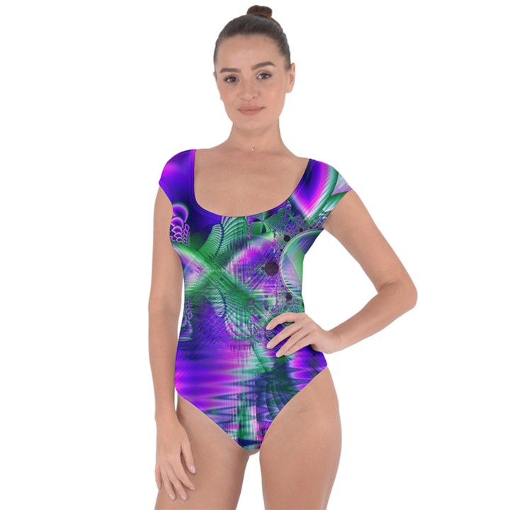 Evening Crystal Primrose, Abstract Night Flowers Short Sleeve Leotard (Ladies)