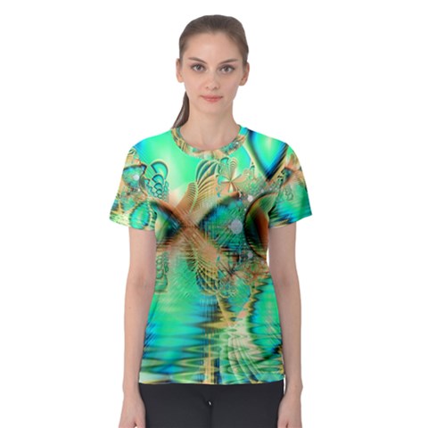 Golden Teal Peacock, Abstract Copper Crystal Women s Sport Mesh Tee by DianeClancy