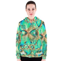 Golden Teal Peacock, Abstract Copper Crystal Women s Zipper Hoodie by DianeClancy