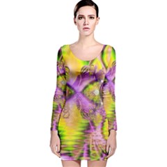 Golden Violet Crystal Heart Of Fire, Abstract Long Sleeve Velvet Bodycon Dress by DianeClancy