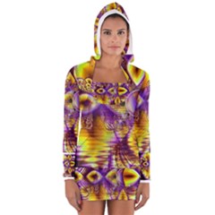 Golden Violet Crystal Palace, Abstract Cosmic Explosion Women s Long Sleeve Hooded T-shirt by DianeClancy