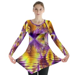 Golden Violet Crystal Palace, Abstract Cosmic Explosion Long Sleeve Tunic  by DianeClancy