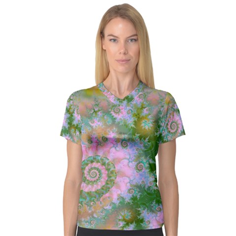 Rose Forest Green, Abstract Swirl Dance Women s V-neck Sport Mesh Tee by DianeClancy