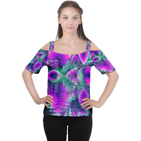  Teal Violet Crystal Palace, Abstract Cosmic Heart Women s Cutout Shoulder Tee by DianeClancy