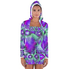 Violet Peacock Feathers, Abstract Crystal Mint Green Women s Long Sleeve Hooded T-shirt by DianeClancy