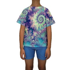 Violet Teal Sea Shells, Abstract Underwater Forest (purple Sea Horse, Abstract Ocean Waves  Kid s Short Sleeve Swimwear by DianeClancy