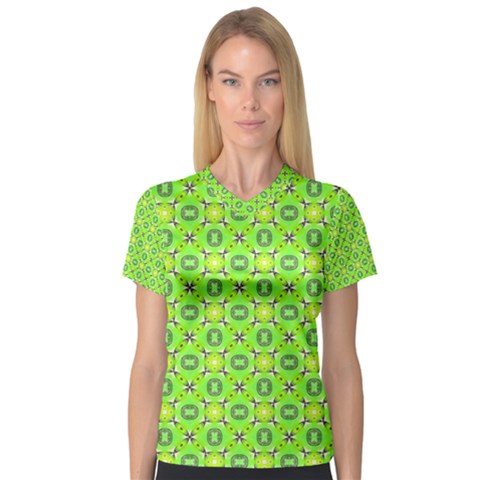 Vibrant Abstract Tropical Lime Foliage Lattice Women s V-neck Sport Mesh Tee by DianeClancy