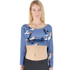 Abstract Pelicans Seascape Tropical Pop Art Long Sleeve Crop Top by WaltCurleeArt