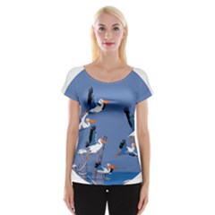 Abstract Pelicans Seascape Tropical Pop Art Women s Cap Sleeve Top