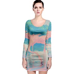 Two Pink Flamingos Pop Art Long Sleeve Bodycon Dress