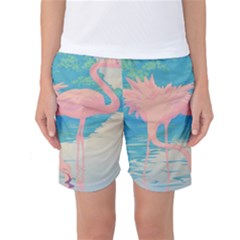 Two Pink Flamingos Pop Art Women s Basketball Shorts by WaltCurleeArt