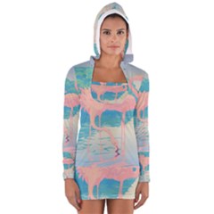 Two Pink Flamingos Pop Art Women s Long Sleeve Hooded T-shirt