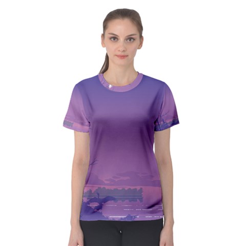 Abstract Tropical Birds Purple Sunset  Women s Sport Mesh Tee by WaltCurleeArt