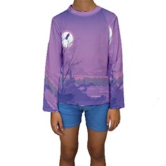 Abstract Tropical Birds Purple Sunset Kid s Long Sleeve Swimwear