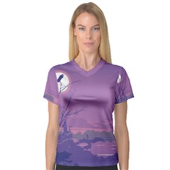 Abstract Tropical Birds Purple Sunset Women s V-Neck Sport Mesh Tee