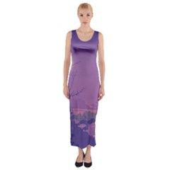 Abstract Tropical Birds Purple Sunset Fitted Maxi Dress by WaltCurleeArt