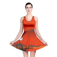 Tropical Birds Orange Sunset Landscape Reversible Skater Dress by WaltCurleeArt