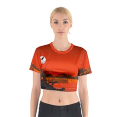 Tropical Birds Orange Sunset Landscape Cotton Crop Top by WaltCurleeArt