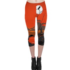 Tropical Birds Orange Sunset Landscape Capri Leggings 