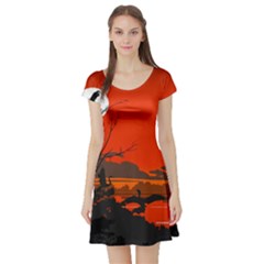 Tropical Birds Orange Sunset Landscape Short Sleeve Skater Dress by WaltCurleeArt