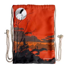Tropical Birds Orange Sunset Landscape Drawstring Bag (large)