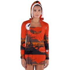 Tropical Birds Orange Sunset Landscape Women s Long Sleeve Hooded T-shirt by WaltCurleeArt
