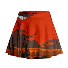 Tropical Birds Orange Sunset Landscape Mini Flare Skirt by WaltCurleeArt