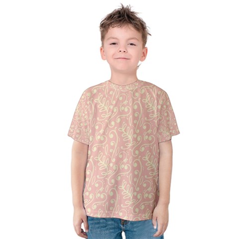 Girly Pink Leaves And Swirls Ornamental Background Kid s Cotton Tee by TastefulDesigns