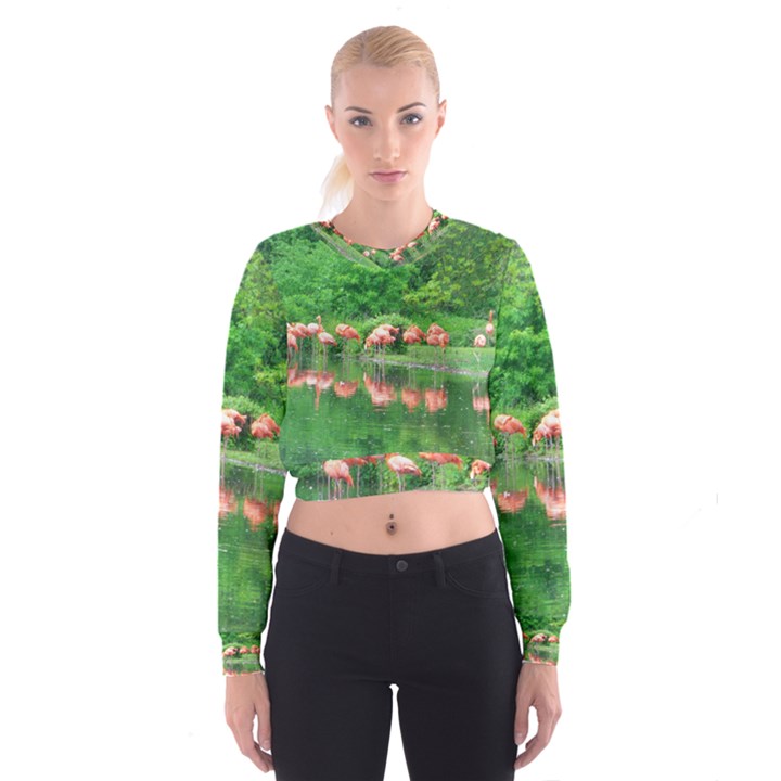 Flamingos Nature Green Pink Women s Cropped Sweatshirt