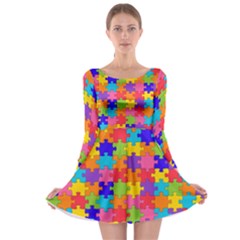 Funny Colorful Puzzle Pieces Long Sleeve Skater Dress by yoursparklingshop