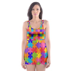 Funny Colorful Puzzle Pieces Skater Dress Swimsuit by yoursparklingshop