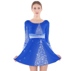 Blue White Christmas Tree Long Sleeve Velvet Skater Dress by yoursparklingshop