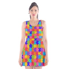 Funny Colorful Jigsaw Puzzle Scoop Neck Skater Dress