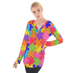 Funny Colorful Jigsaw Puzzle Women s Tie Up Tee