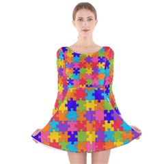 Funny Colorful Jigsaw Puzzle Long Sleeve Velvet Skater Dress