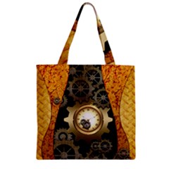 Steampunk Golden Design With Clocks And Gears Zipper Grocery Tote Bag by FantasyWorld7